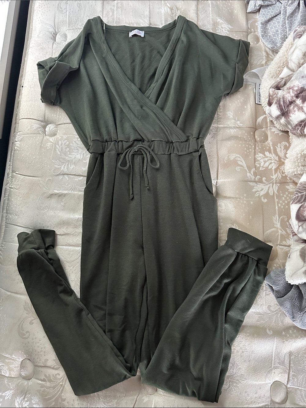 Pink Lily Olive Green Faux Wrap Jumpsuit